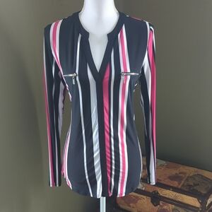 INC International Concepts Pink and Black Fitted Long Sleeve Blouse